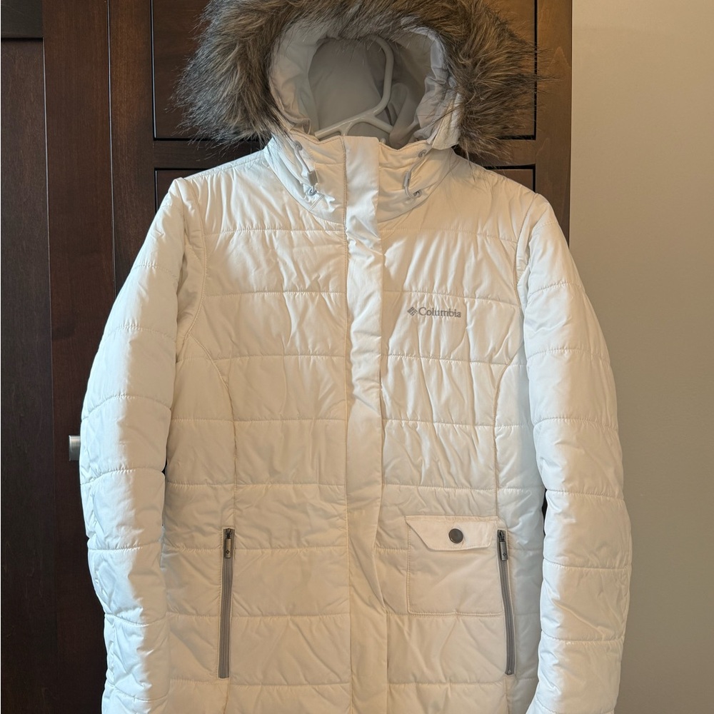 Columbia Ivory Quilted Jacket with Faux Fur Hood